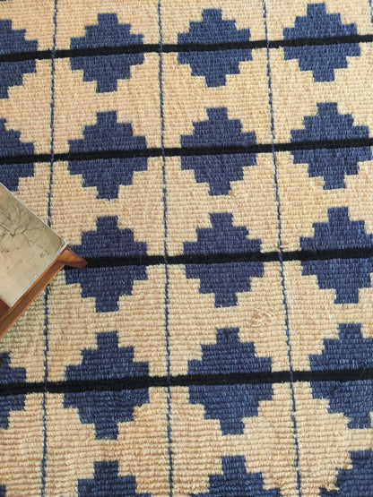 Blue Classic Moroccan Shag Diamond Pattern New Zealand Hand Knotted Wool Rug