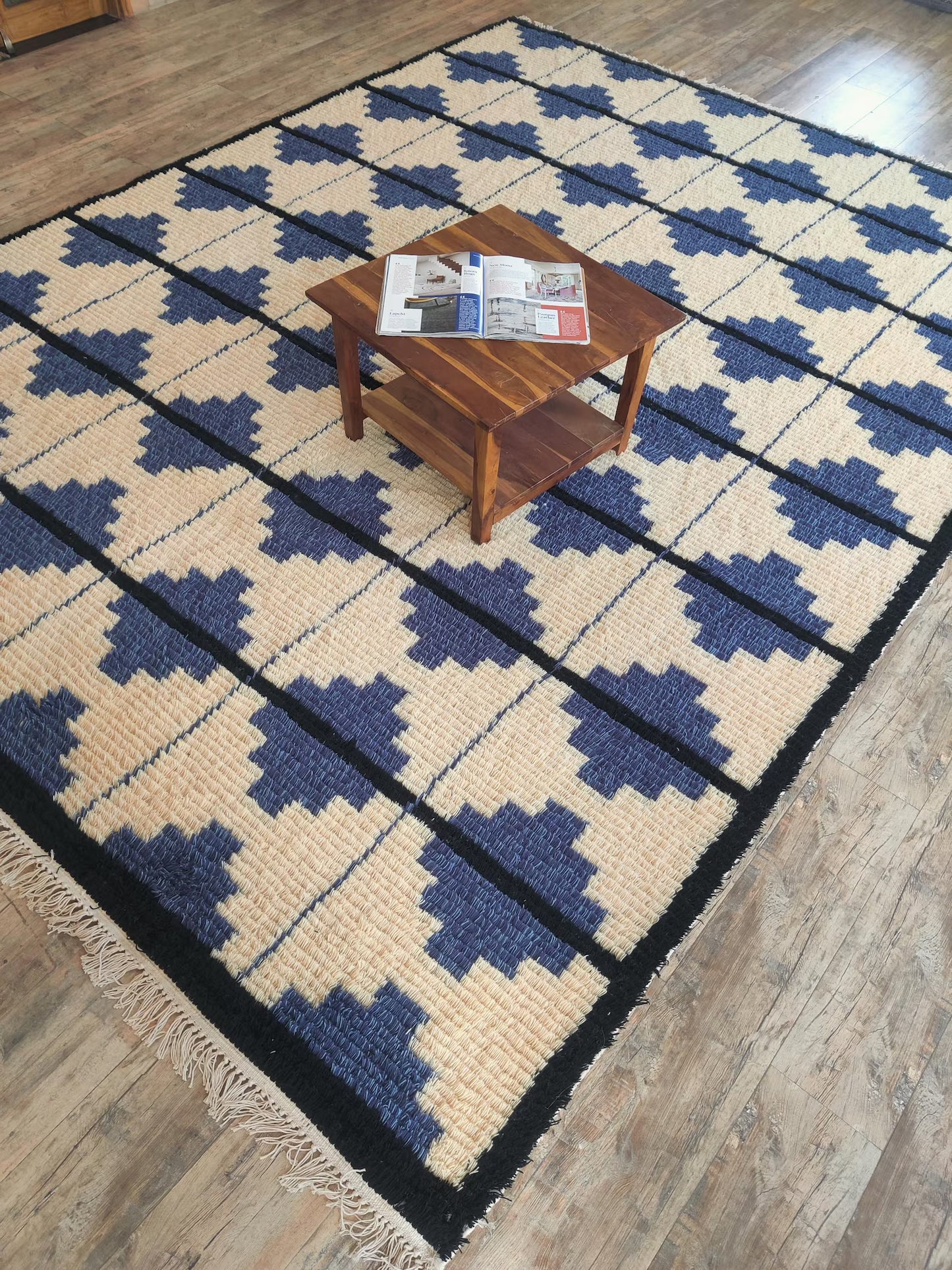 Blue Classic Moroccan Shag Diamond Pattern New Zealand Hand Knotted Wool Rug