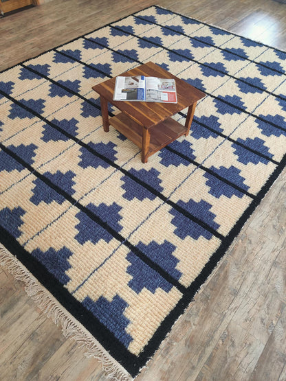 Blue Classic Moroccan Shag Diamond Pattern New Zealand Hand Knotted Wool Rug