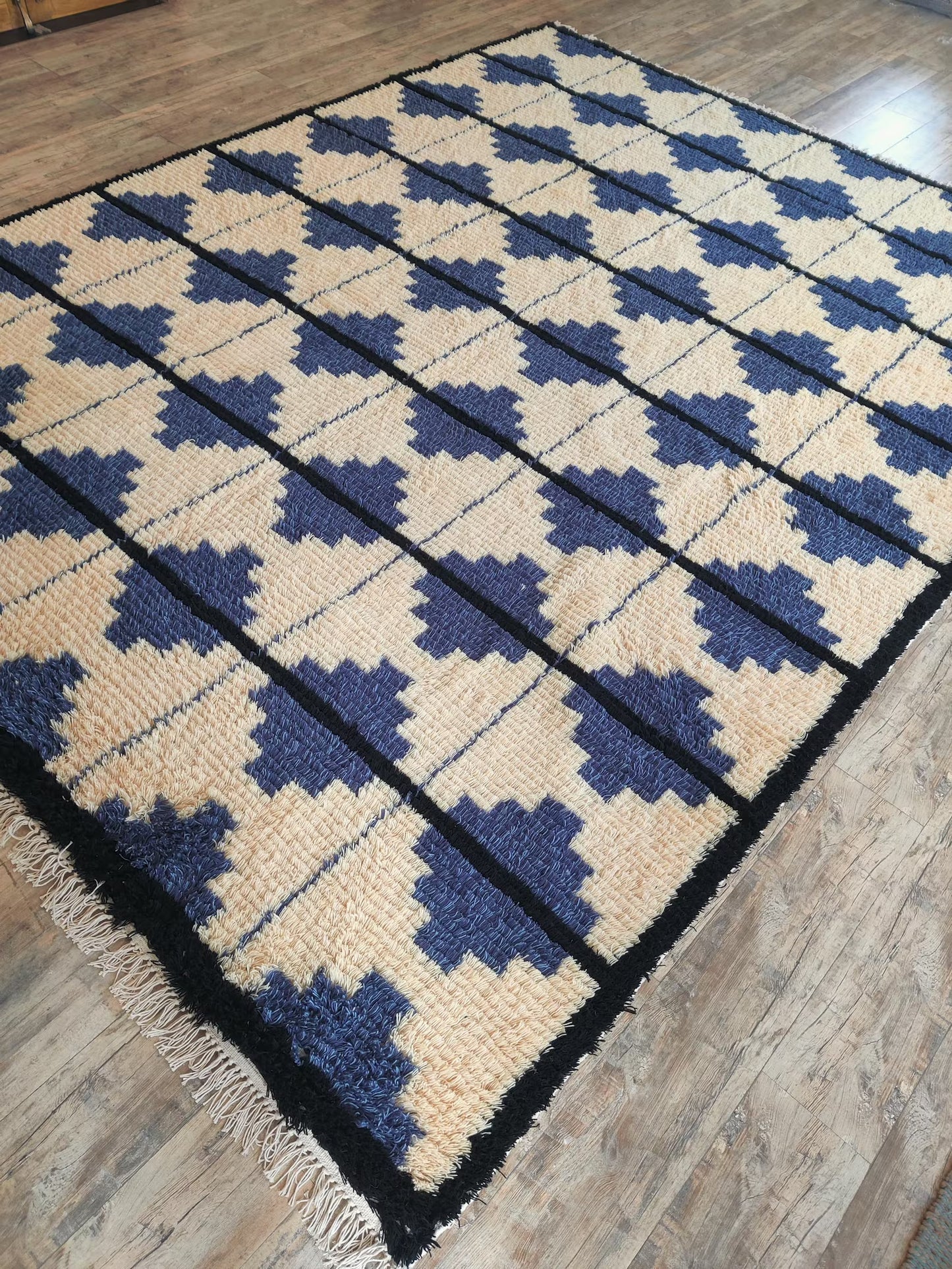 Blue Classic Moroccan Shag Diamond Pattern New Zealand Hand Knotted Wool Rug