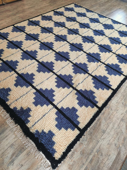 Blue Classic Moroccan Shag Diamond Pattern New Zealand Hand Knotted Wool Rug