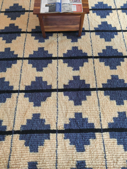 Blue Classic Moroccan Shag Diamond Pattern New Zealand Hand Knotted Wool Rug