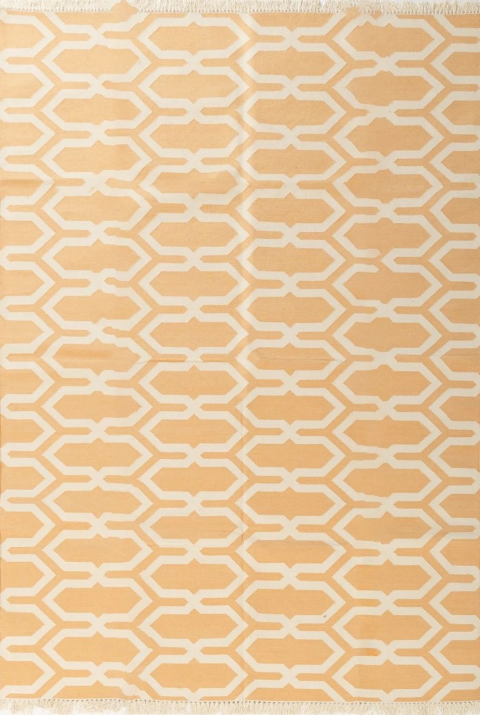 Camel Beige Geometric Area Rug, Modern Interlocking Trellis Dhurrie