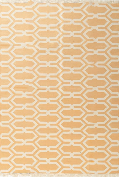 Camel Beige Geometric Area Rug, Modern Interlocking Trellis Dhurrie