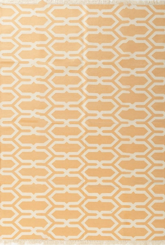 Camel Beige Geometric Area Rug, Modern Interlocking Trellis Dhurrie