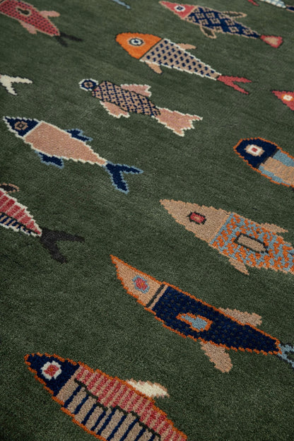 Handmade Premium Wool Koi Fish Design Hand-Knotted Wool Runner Rug