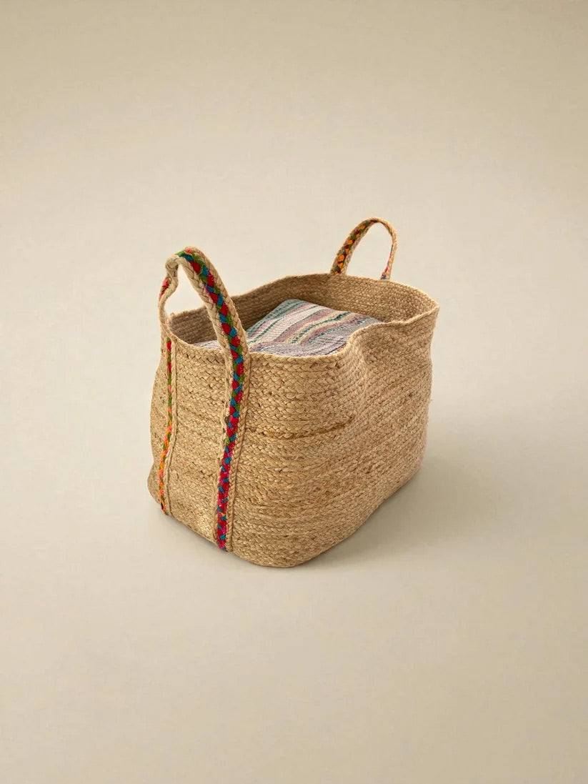 Extra Large Rounded Natural Jute Storage Basket With Rainbow Handles