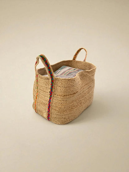 Extra Large Rounded Natural Jute Storage Basket With Rainbow Handles