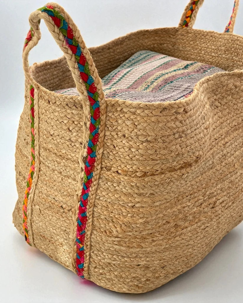 Extra Large Rounded Natural Jute Storage Basket With Rainbow Handles