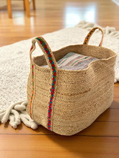 Extra Large Rounded Natural Jute Storage Basket With Rainbow Handles