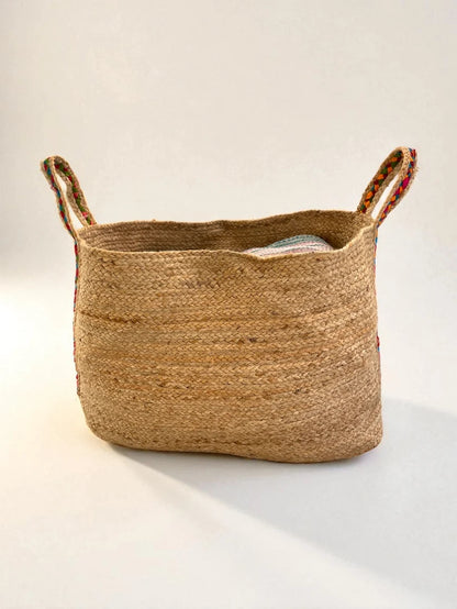 Extra Large Rounded Natural Jute Storage Basket With Rainbow Handles