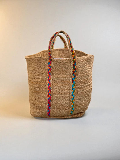 Extra Large Rounded Natural Jute Storage Basket With Rainbow Handles