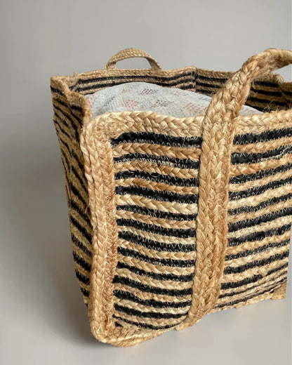 Extra Large Natural and Black Jute Rectangular Basket