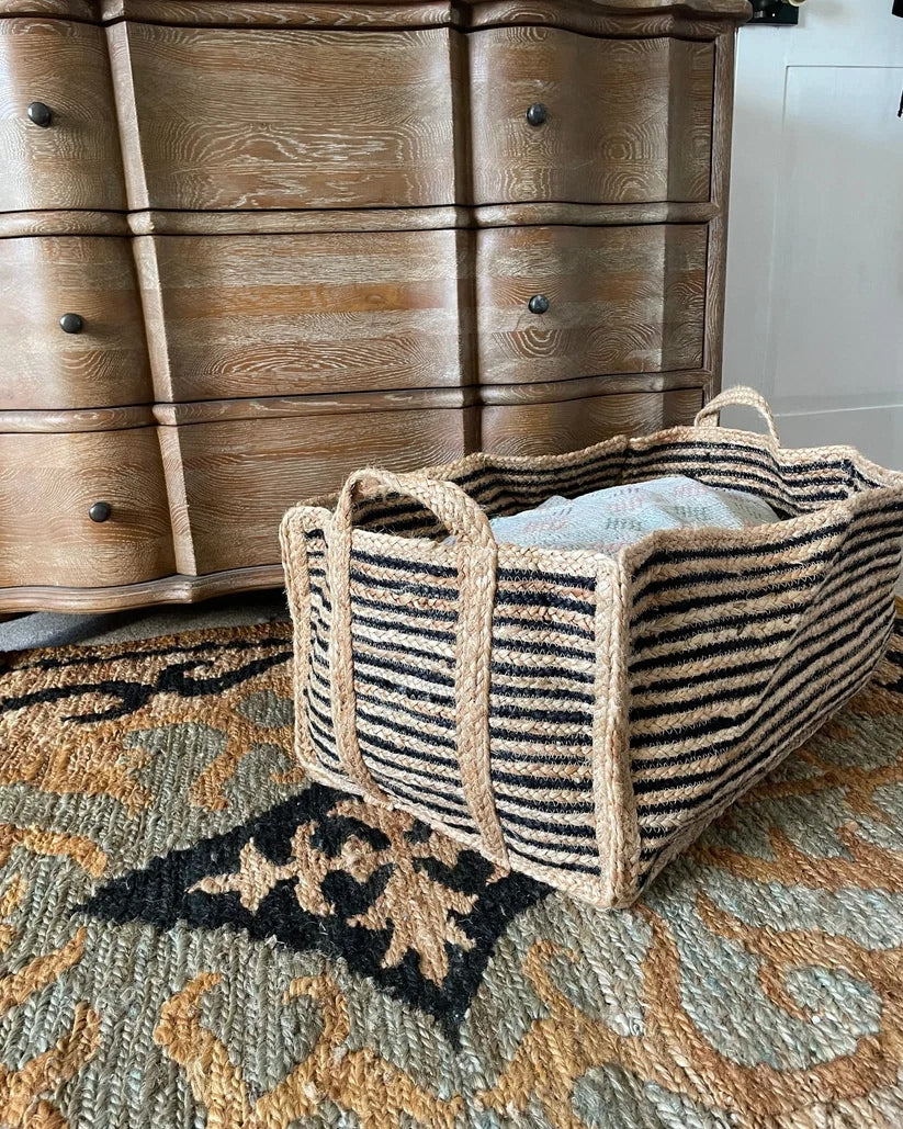 Extra Large Natural and Black Jute Rectangular Basket