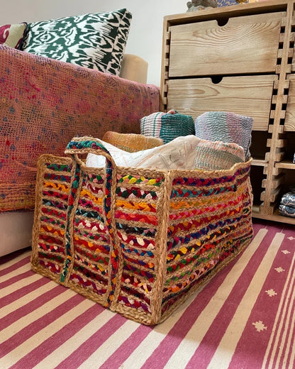 Rectangular Jute and Rainbow Extra Large Basket