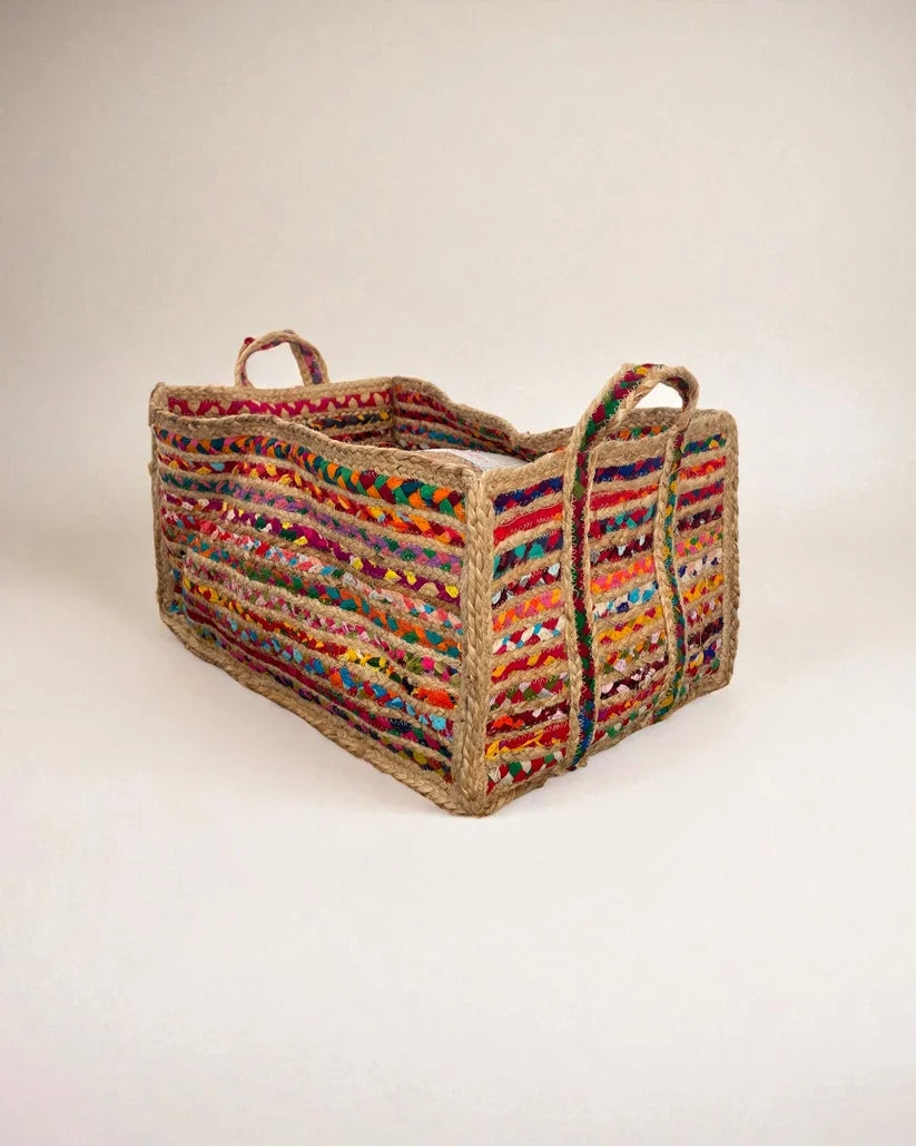 Rectangular Jute and Rainbow Extra Large Basket