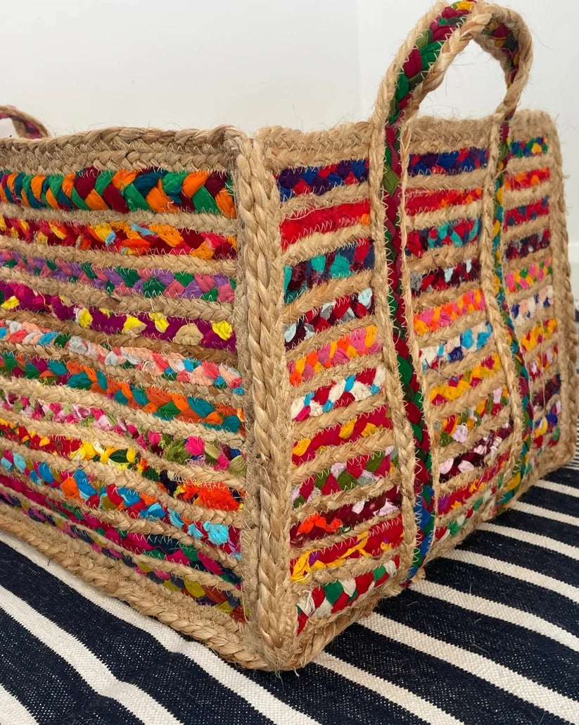 Rectangular Jute and Rainbow Extra Large Basket