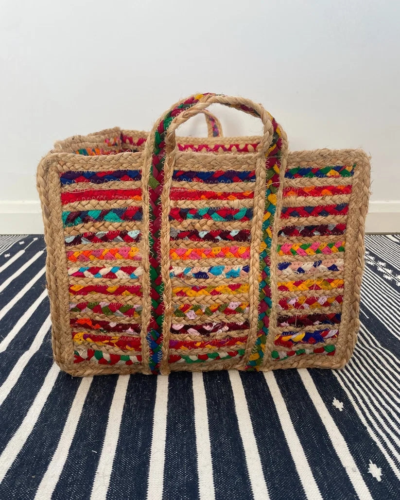 Rectangular Jute and Rainbow Extra Large Basket