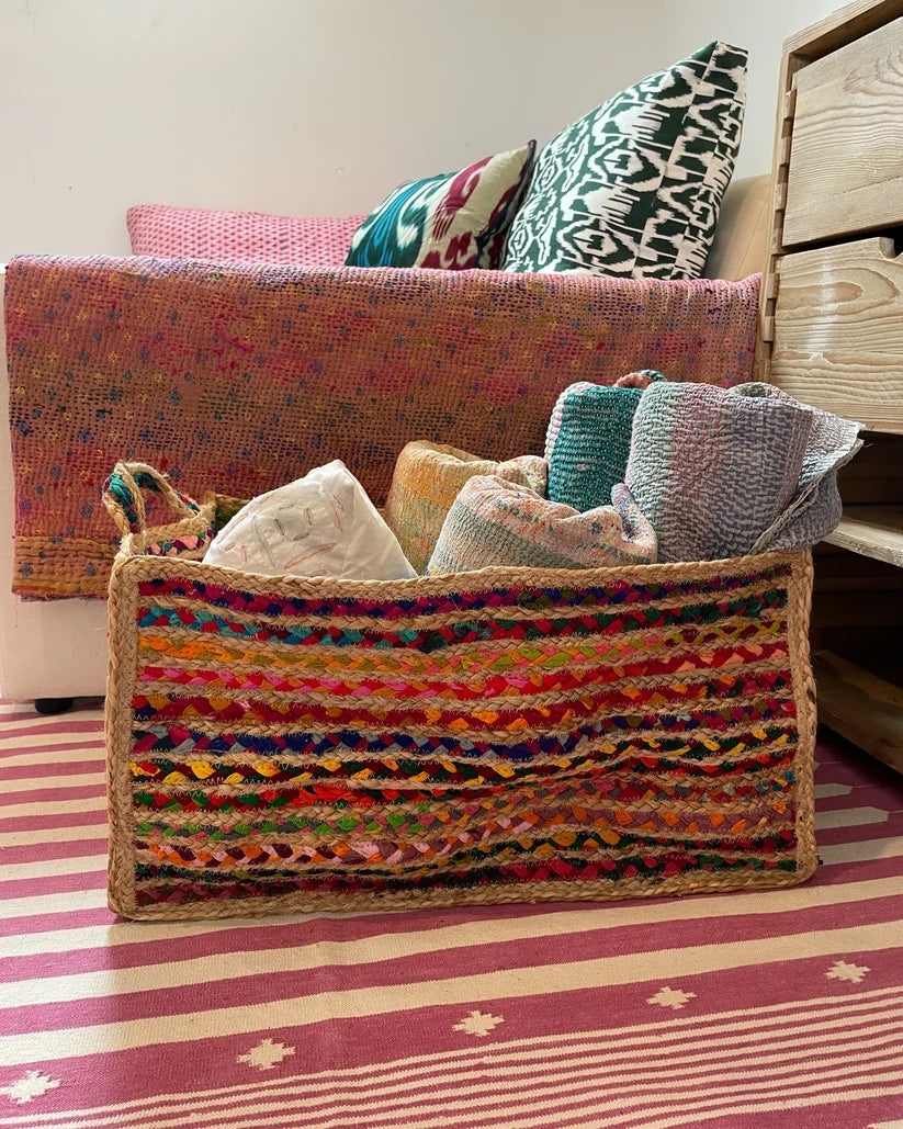 Rectangular Jute and Rainbow Extra Large Basket