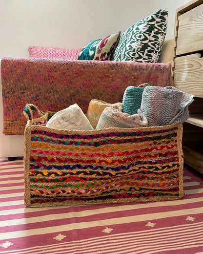 Rectangular Jute and Rainbow Extra Large Basket