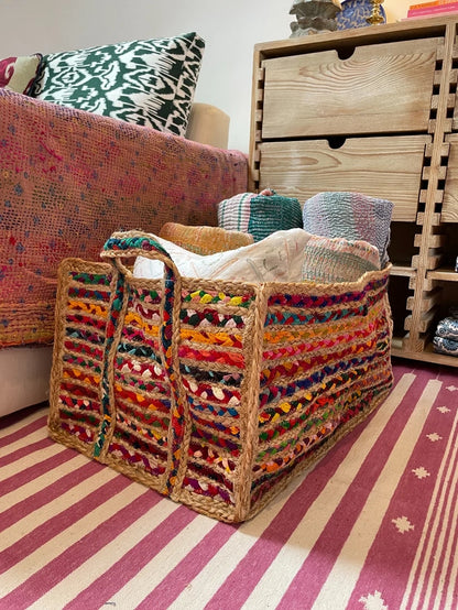 Rectangular Jute and Rainbow Extra Large Basket