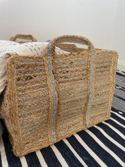 Extra Large Silver Jute Basket: Rectangular Storage with Handles
