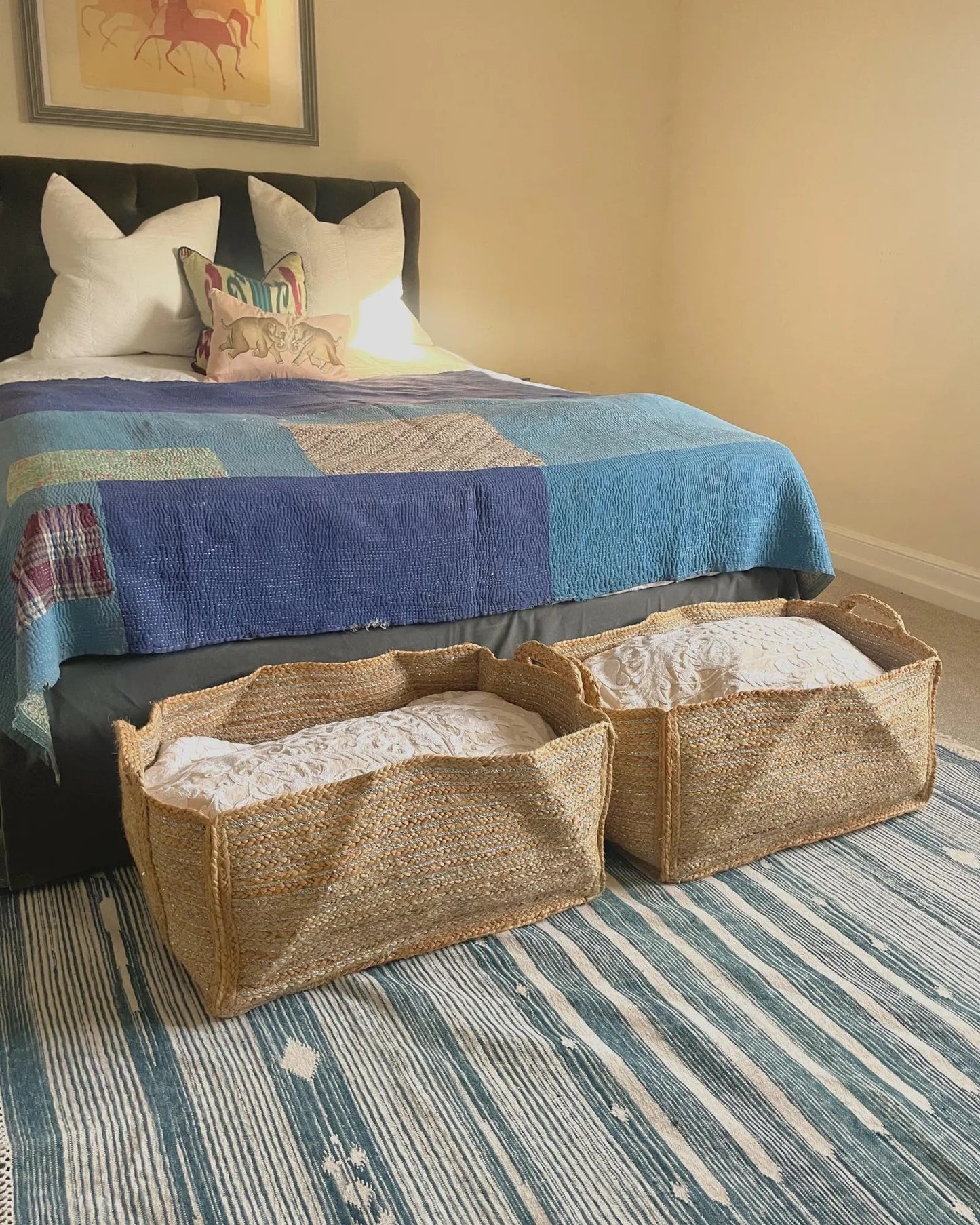 Extra Large Silver Jute Basket: Rectangular Storage with Handles