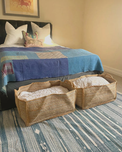 Extra Large Silver Jute Basket: Rectangular Storage with Handles