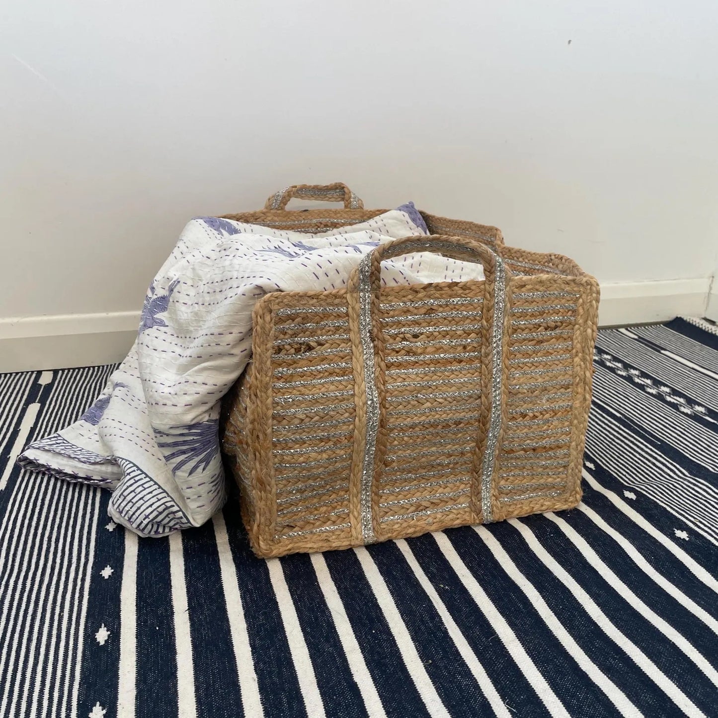 Extra Large Silver Jute Basket: Rectangular Storage with Handles