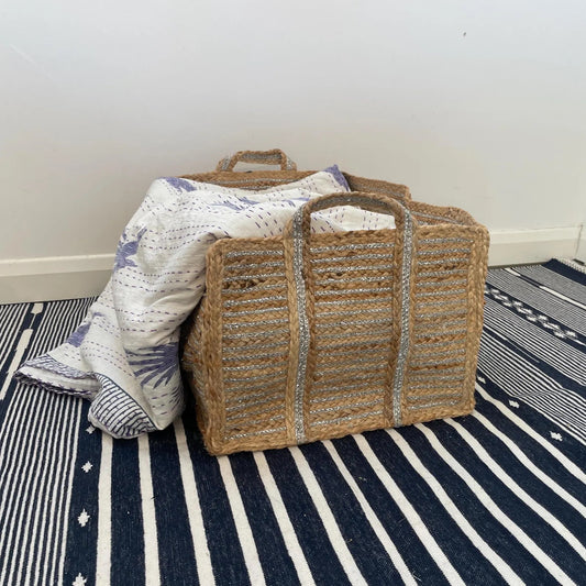 Extra Large Silver Jute Basket: Rectangular Storage with Handles