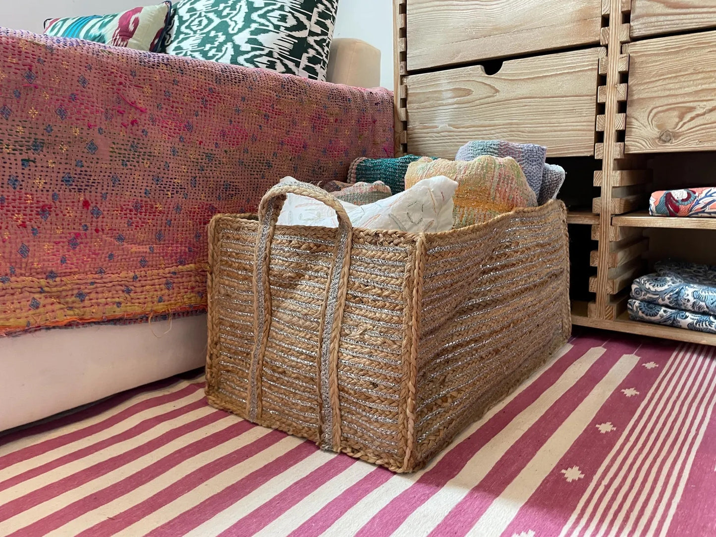 Extra Large Silver Jute Basket: Rectangular Storage with Handles
