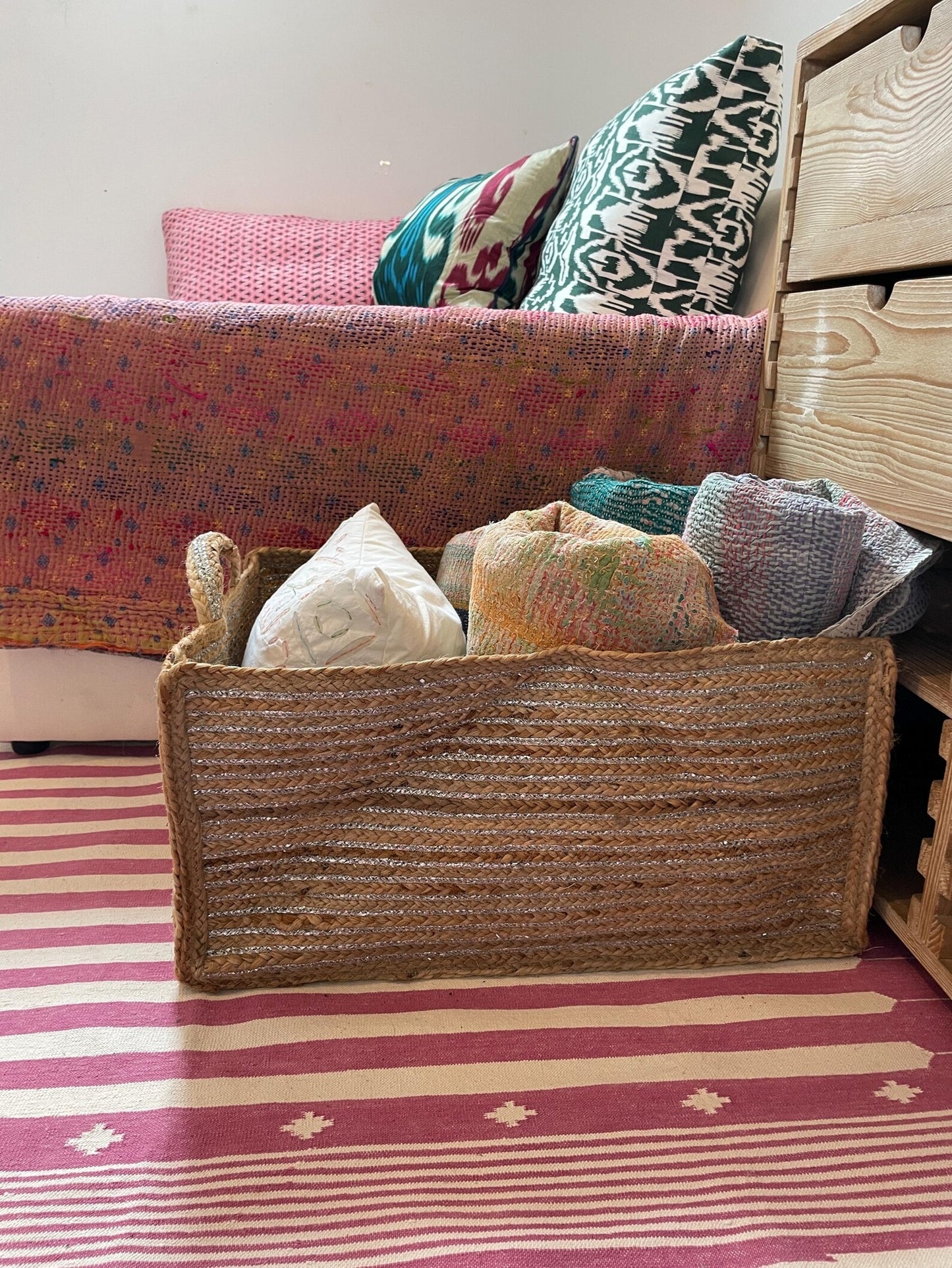 Extra Large Silver Jute Basket: Rectangular Storage with Handles