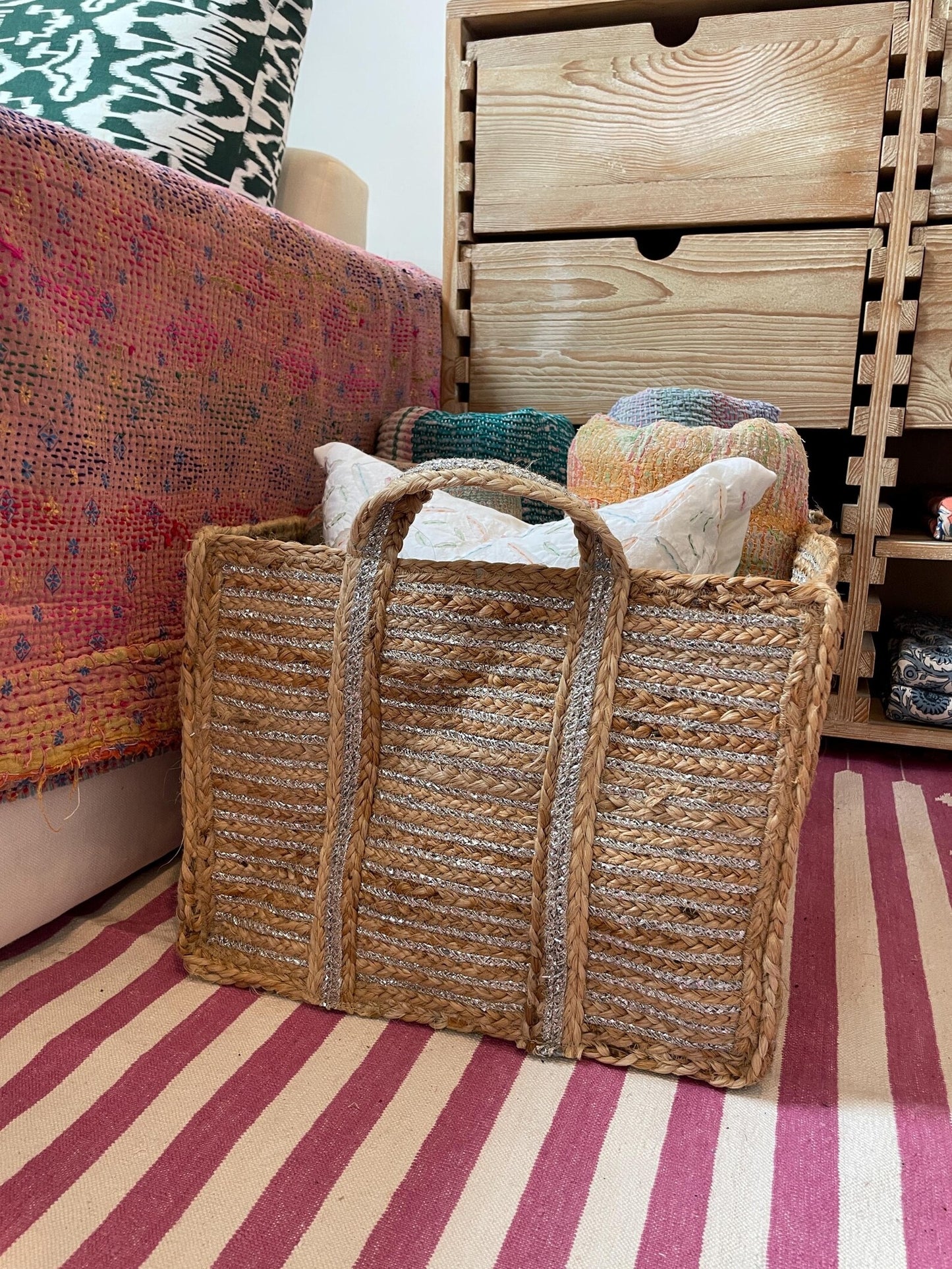 Extra Large Silver Jute Basket: Rectangular Storage with Handles