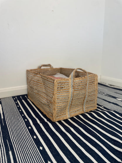 Extra Large Silver Jute Basket: Rectangular Storage with Handles