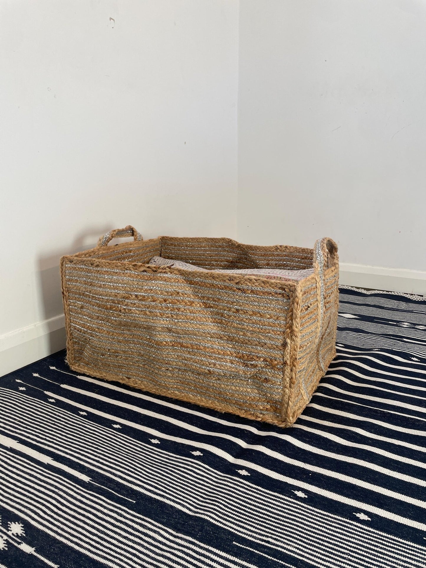 Extra Large Silver Jute Basket: Rectangular Storage with Handles
