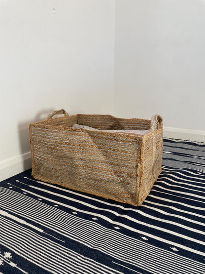 Extra Large Silver Jute Basket: Rectangular Storage with Handles