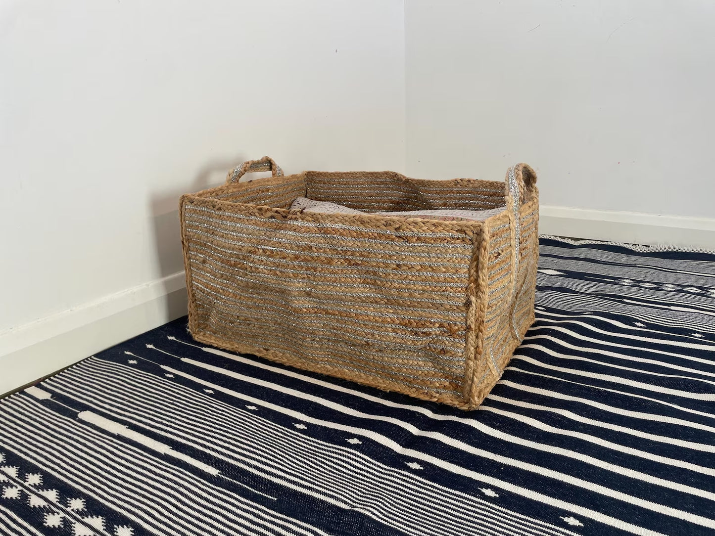 Extra Large Silver Jute Basket: Rectangular Storage with Handles