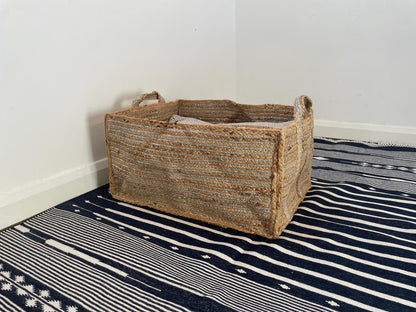 Extra Large Silver Jute Basket: Rectangular Storage with Handles