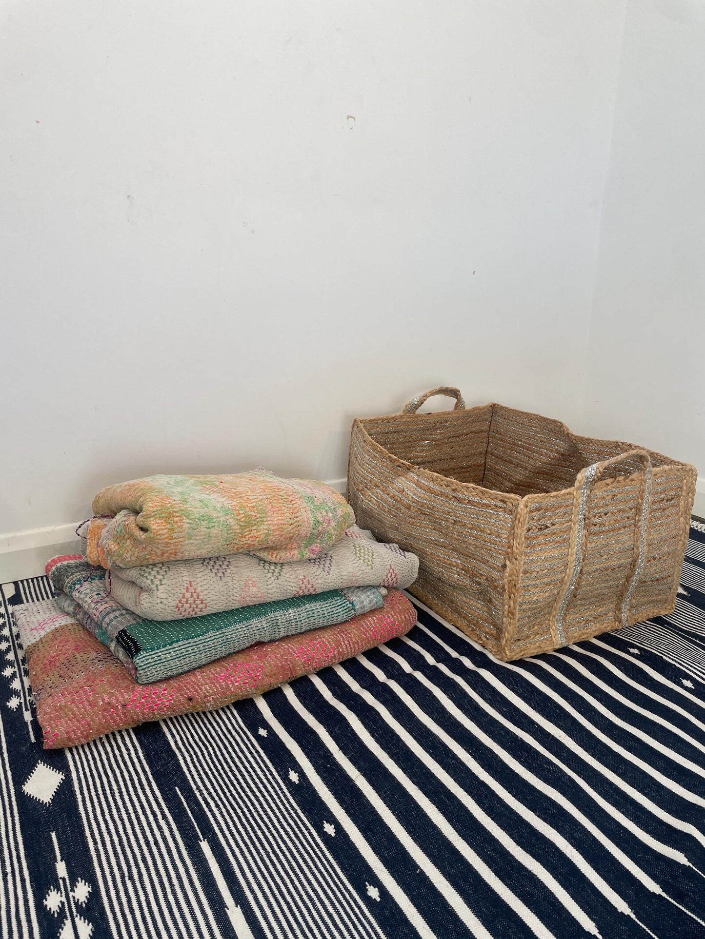 Extra Large Silver Jute Basket: Rectangular Storage with Handles