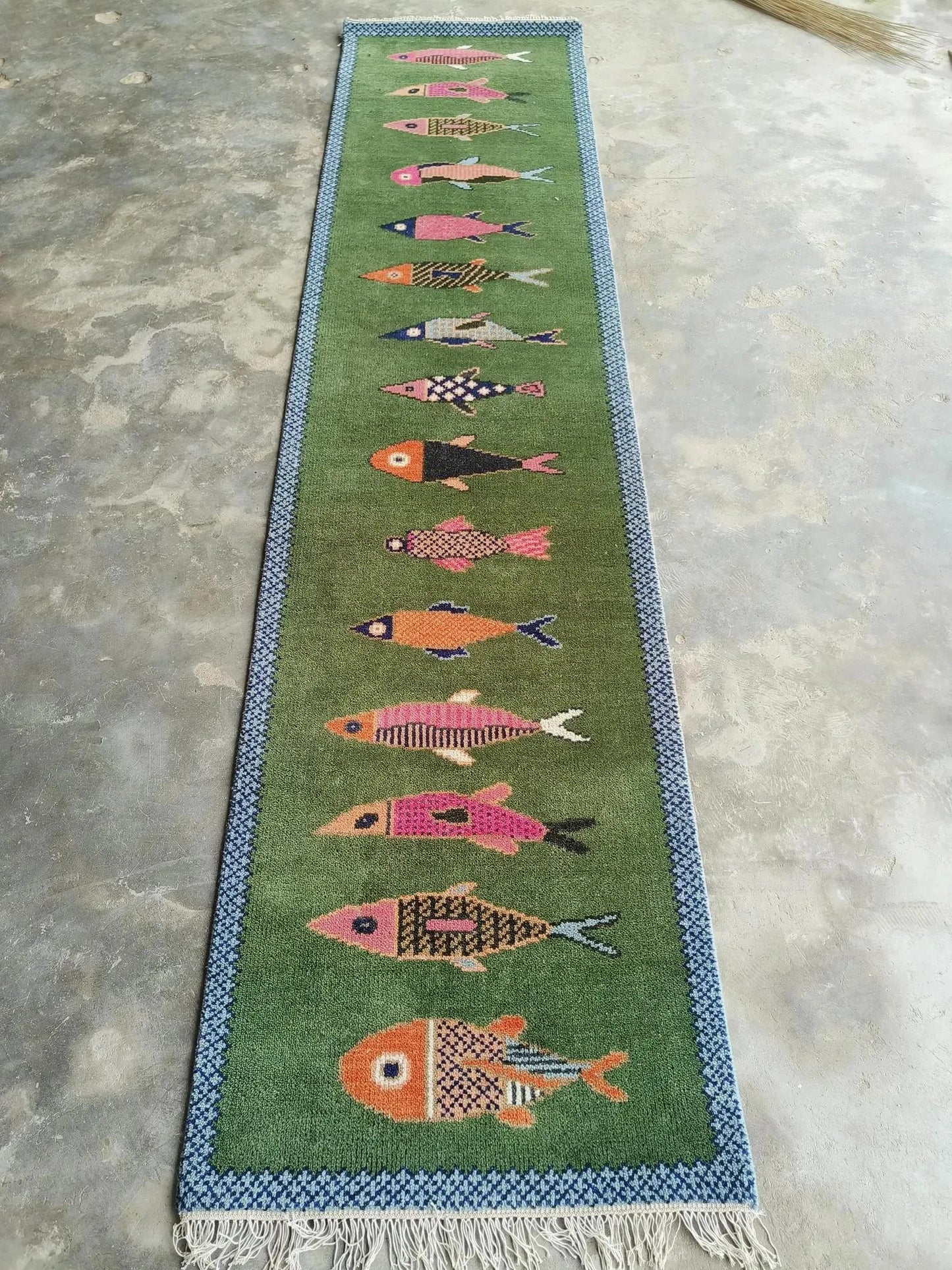 Handmade Premium Wool Koi Fish Design Hand-Knotted Wool Runner Rug