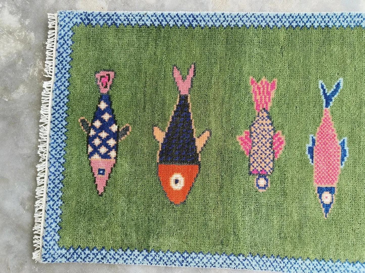 Handmade Premium Wool Koi Fish Design Hand-Knotted Wool Runner Rug