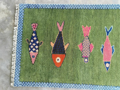 Handmade Premium Wool Koi Fish Design Hand-Knotted Wool Runner Rug