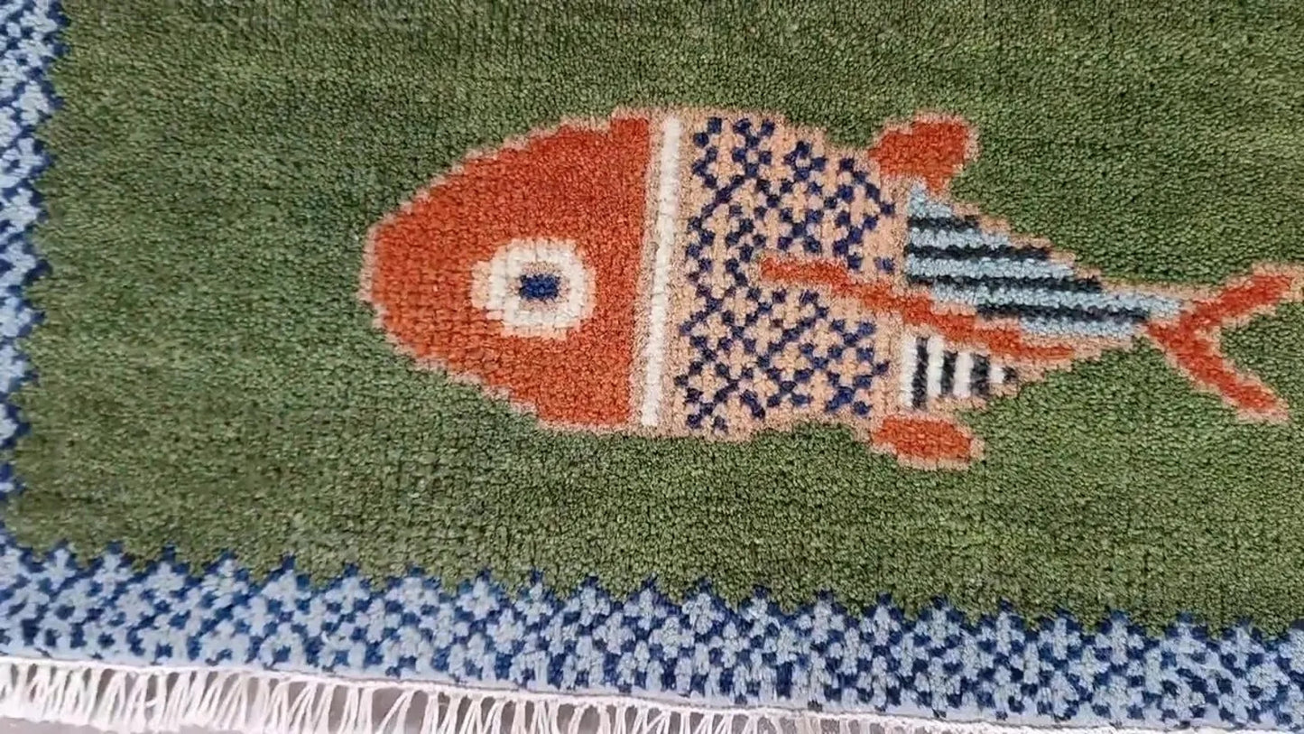 Handmade Premium Wool Koi Fish Design Hand-Knotted Wool Runner Rug