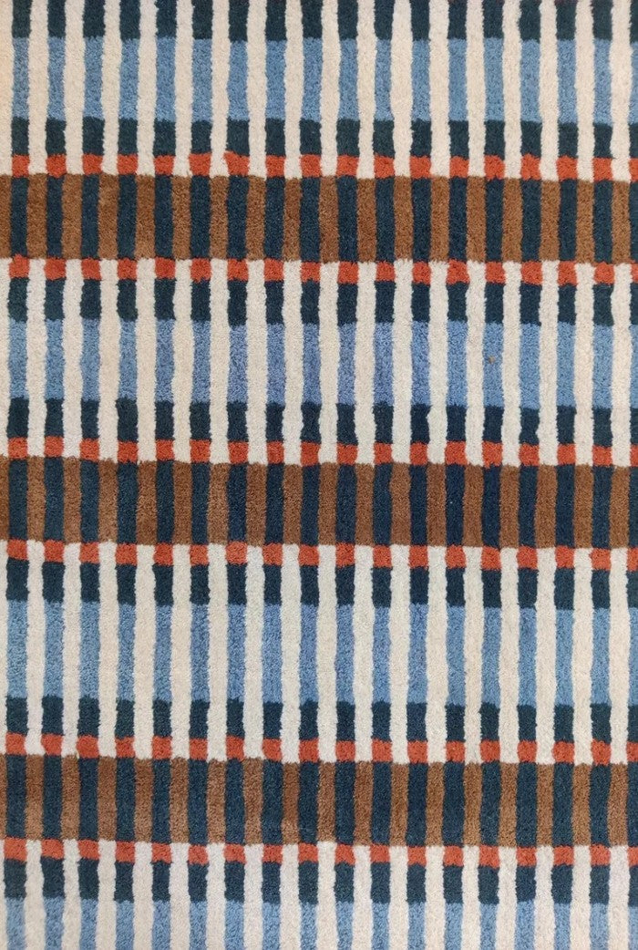 Bauhaus Barcode Hand-Tufted Wool Rug Navy Blue Terracotta & Cream Linear Block Carpet