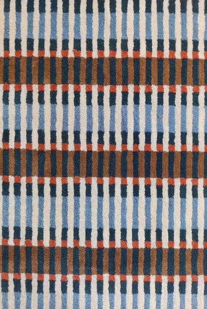 Bauhaus Barcode Hand-Tufted Wool Rug Navy Blue Terracotta & Cream Linear Block Carpet