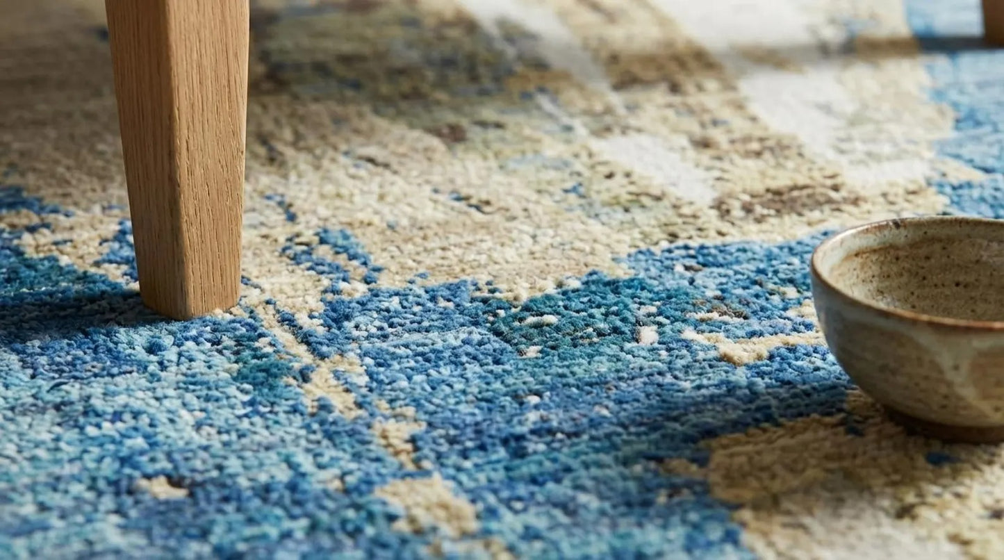 Modern Distressed Horizon Blue & Gold Wool Area Rug