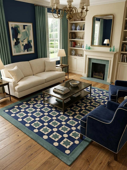 Blue Hand-Tufted Wool Rug,Custom Size Living Room Wool Carpet, Designer Carpet