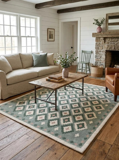 Pastel Green Hand Tufted Wool Rug, Geometric Diamond Pattern Carpet