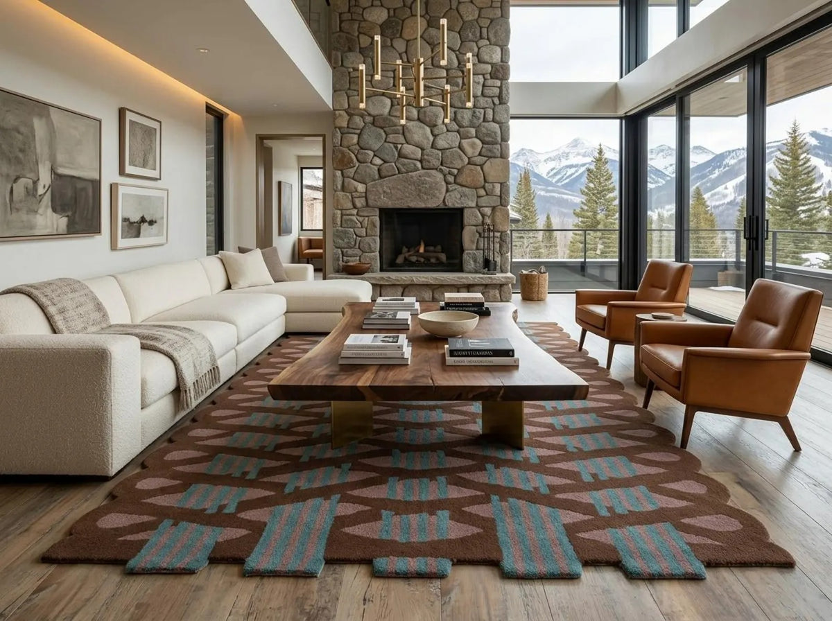 Scalloped Edge Geometric Rug, Brown Teal & Blush Modern Abstract Tufted Area Rug