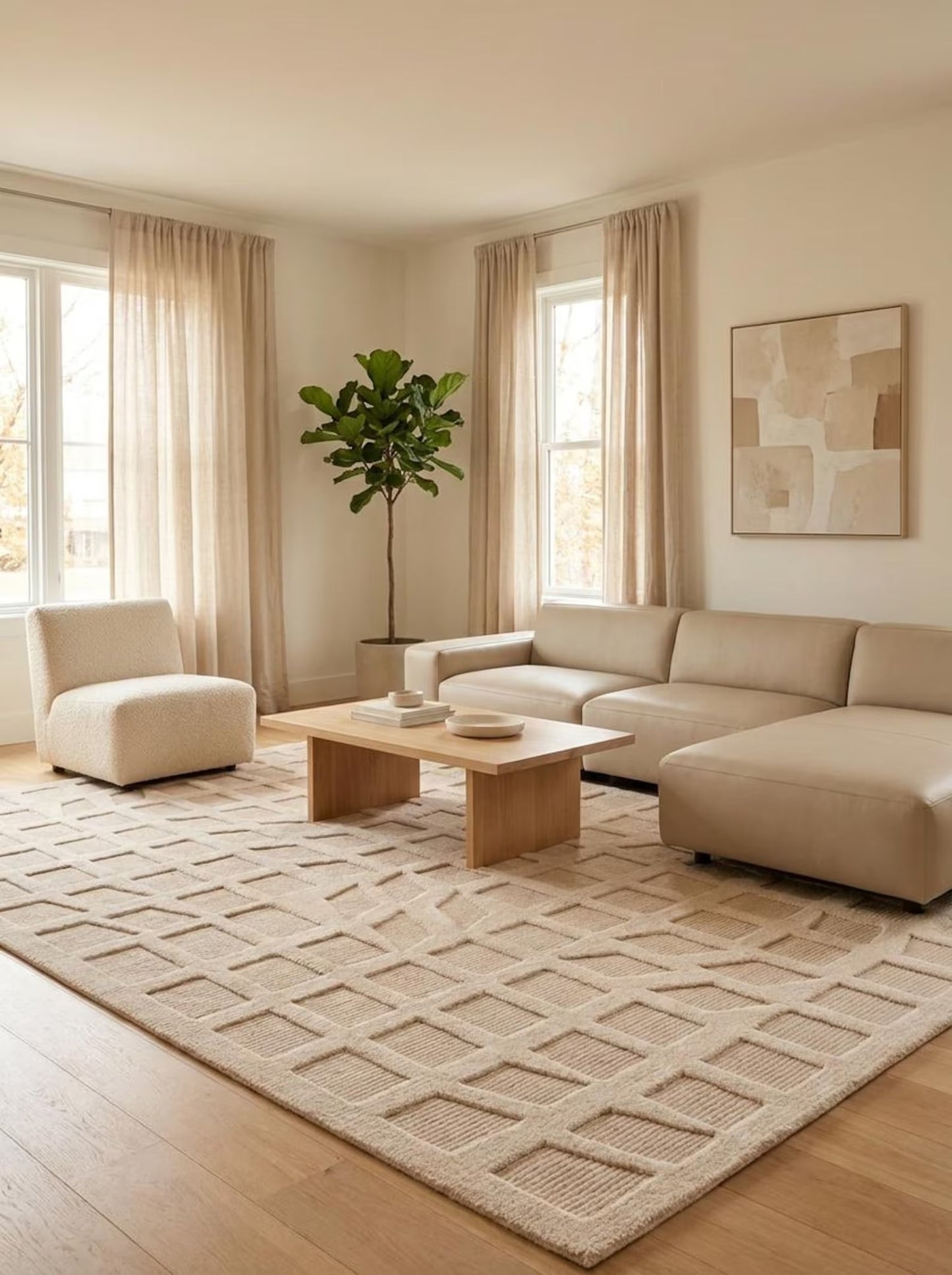 Geometric Grid Plaid Neutral-Tone Rug, Hand-Knotted Beige Wool Rug